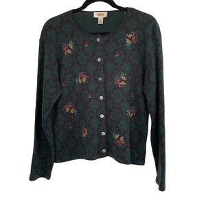 Talbots Blue/Green Floral Patterned Button-Up Wool Blend Cardigan Sweater